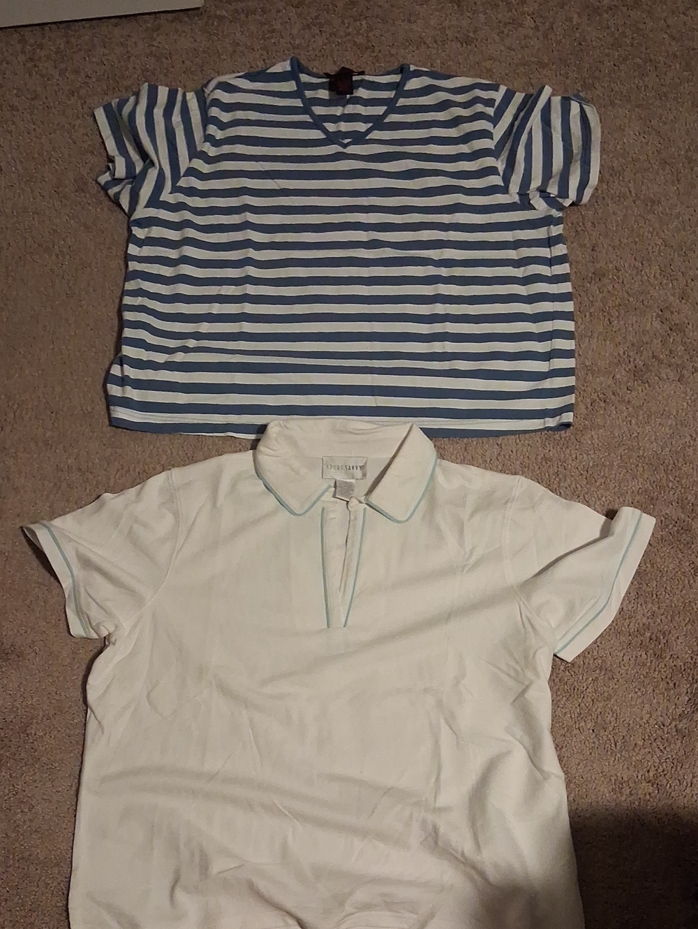 Women's Blue & White Striped V-Neck Polo Top